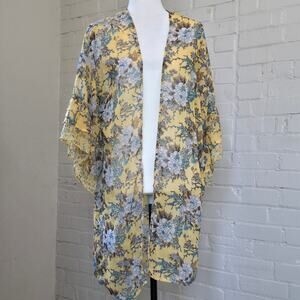 Yellow & Floral Chiffon Kimono Duster Tiered Ruffle Sleeve Boho Festival Coverup